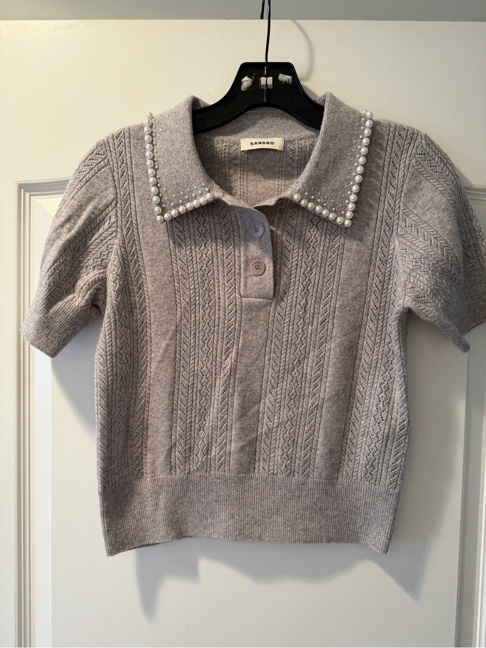 Sandro Pearl-Trim Light Gray Knit Polo